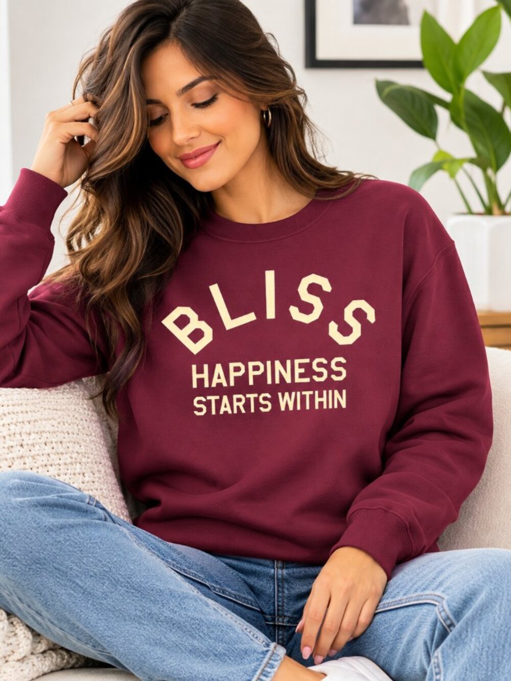 NWT Buffalo David Bitton Bliss Happiness Starts Within Fleece Sweatshirt Wine S